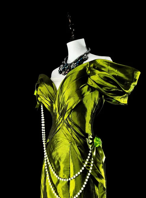 Bright Green Off Shoulder Mermaid Satin Vintage Long Evening Party Dress, D895