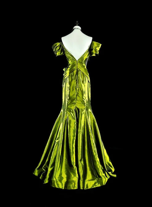 Bright Green Off Shoulder Mermaid Satin Vintage Long Evening Party Dress, D895