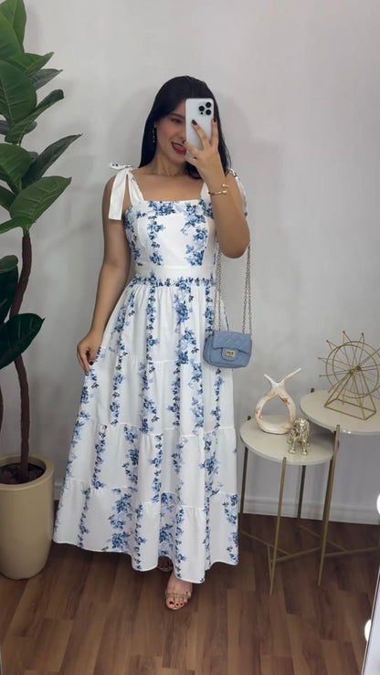 White Straps A-Line Floral Fashion Vacation Dress Long Party Dress, D204