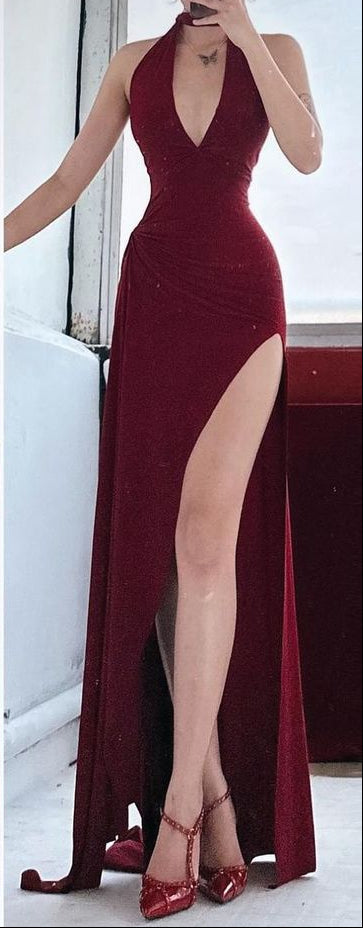 Burgundy Halter V Neck Sheath Split Sexy Long Party Dress, D211