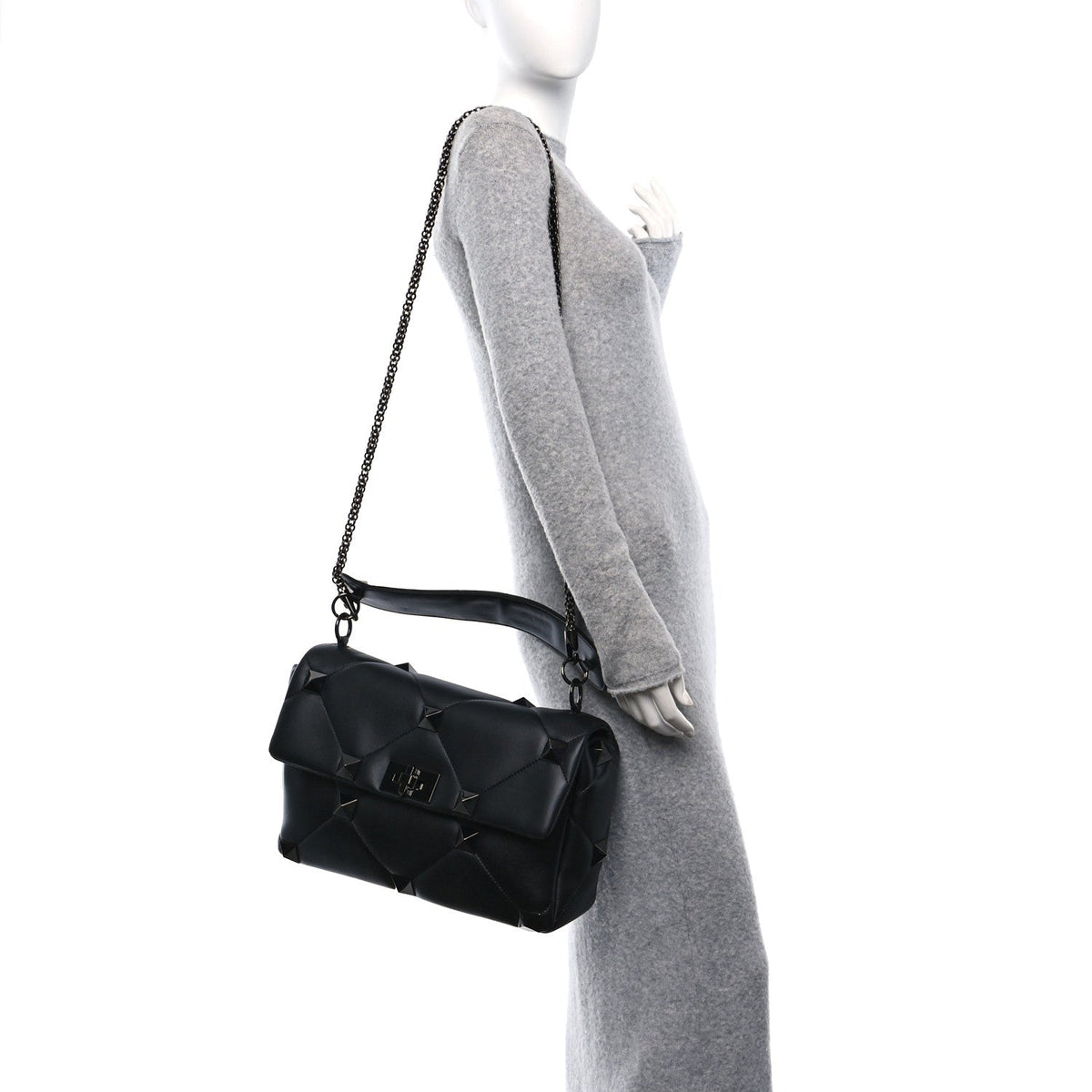Nappa Monochrome Large Roman Stud Shoulder Bag Black