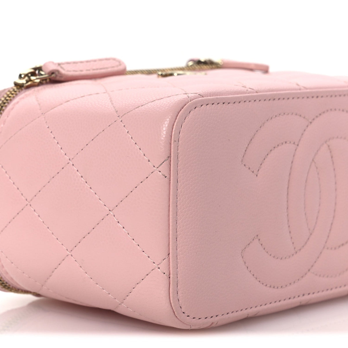 Caviar Quilted Crystal CC Logo Vanity Case With Chain Pink