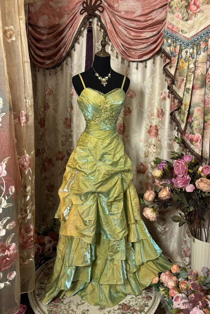 Green Spaghetti Straps A-Line Satin Retro Prom Gown Long Party Dress, D261