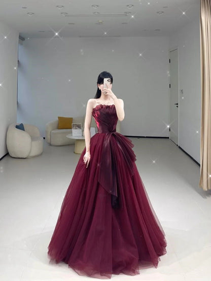 Burgundy Strapless A-Line Tulle Long Formal Prom Dress Evening Gown, D270