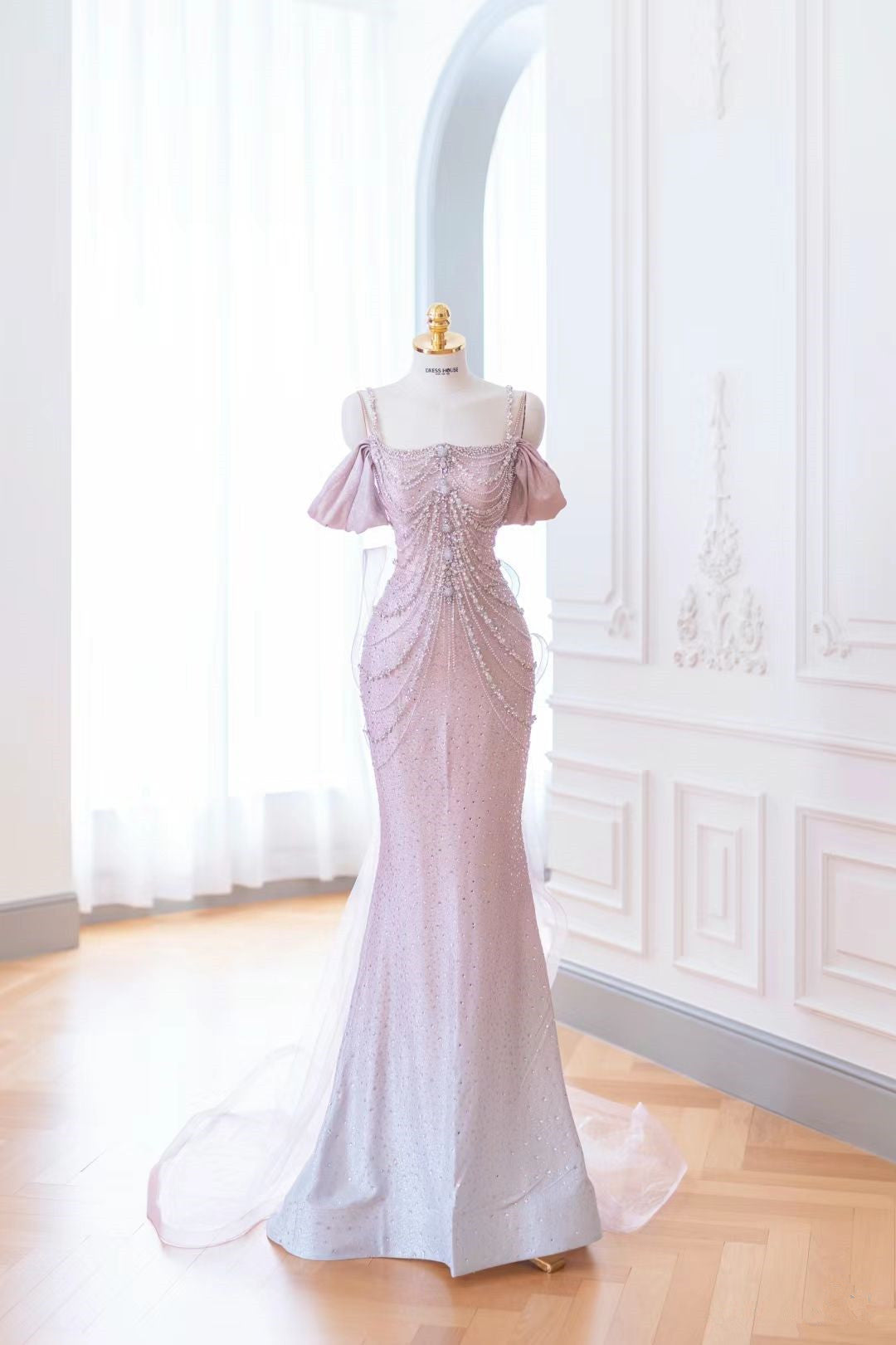 Light Pink Straps Off Shoulder Beading Mermaid Long Formal Party Dress, D282