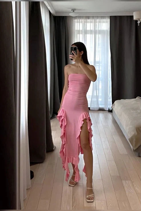 Black Strapless Sheath Ruffles Long Party Dress Wedding Guest Dress, D290