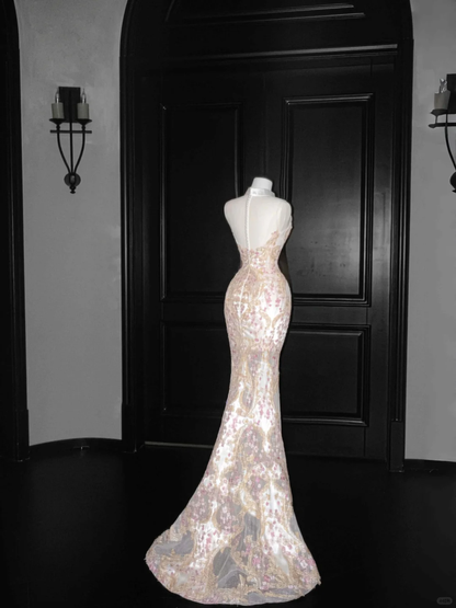 Gorgeous High Neck See-Through Beading Mermaid Long Evening Party Dress, D799