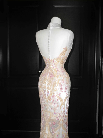 Gorgeous High Neck See-Through Beading Mermaid Long Evening Party Dress, D799