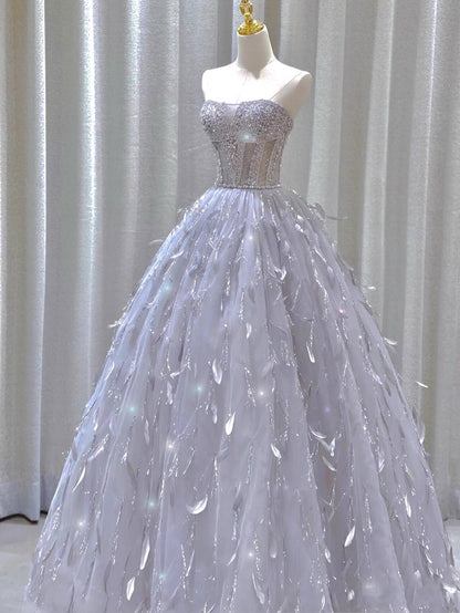 Stunning Strapless A-Line Tulle Long Prom Dress Evening Gown, MD7866