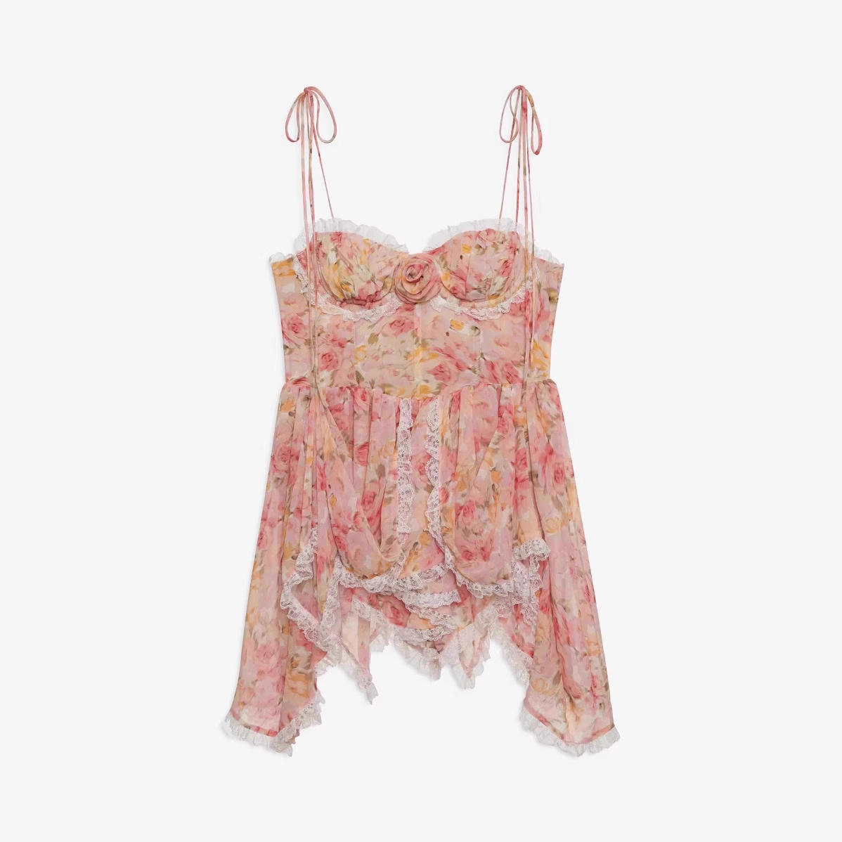 Vintage Lace Floral Spaghetti Strap Ruffled Hem Design A-line Party Dress, D1421