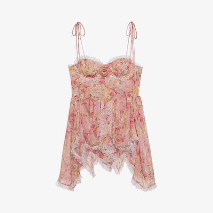 Vintage Lace Floral Spaghetti Strap Ruffled Hem Design A-line Party Dress, D1421