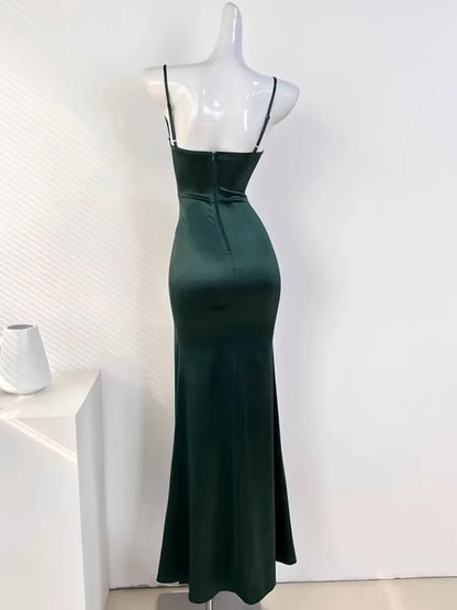 Green Spaghetti Straps Mermaid Satin Long Party Dress Wedding Guest Dress, D308