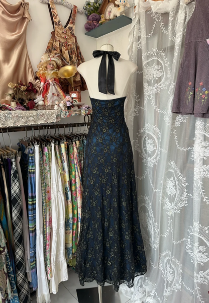 Blue Halter Lace Satin Sheath Vintage Long Prom Dress Formal Party Dress, D320
