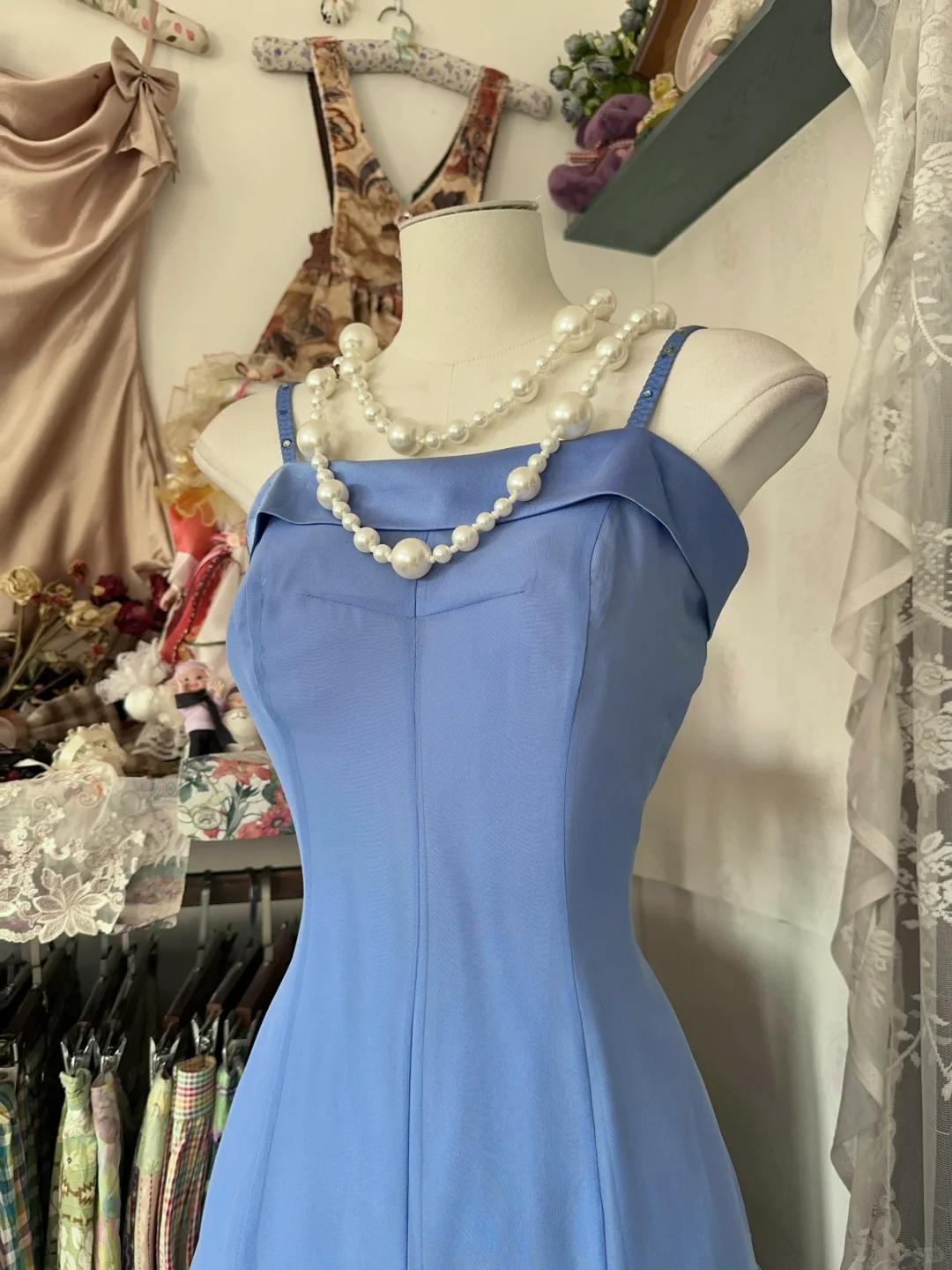 Blue Spaghetti Straps A-Line Vintage Long Party Dress Formal Prom Dress, D323