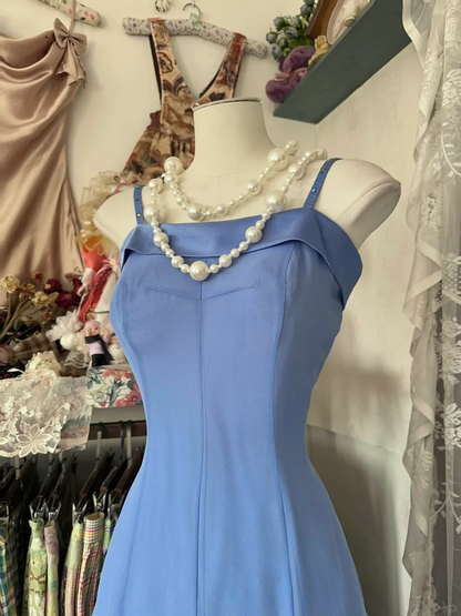 Blue Spaghetti Straps A-Line Vintage Long Party Dress Formal Prom Dress, D323