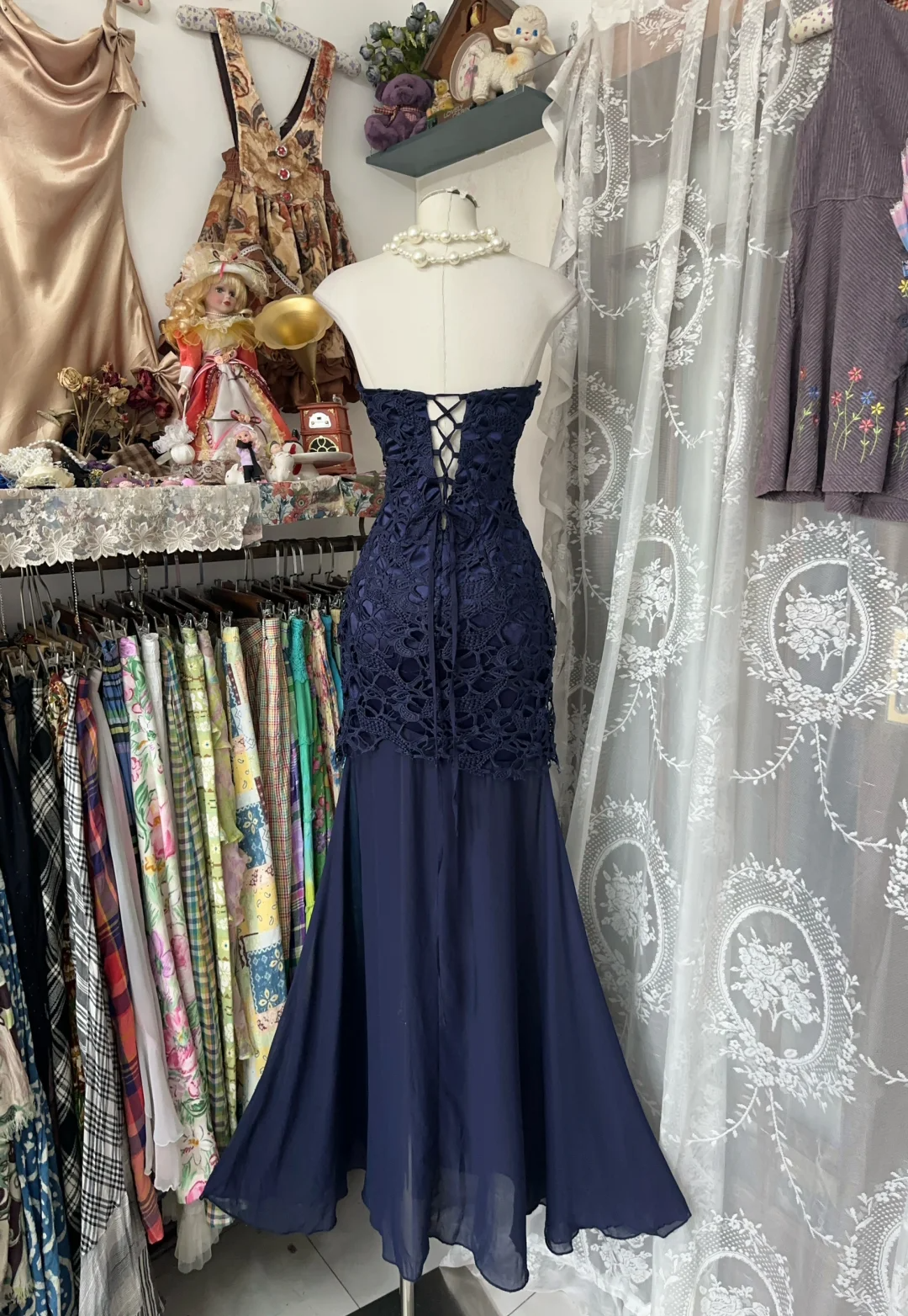 Navy Blue Strapless Mermaid Beading Vintage Long Prom Dress Formal Party Dress, D327