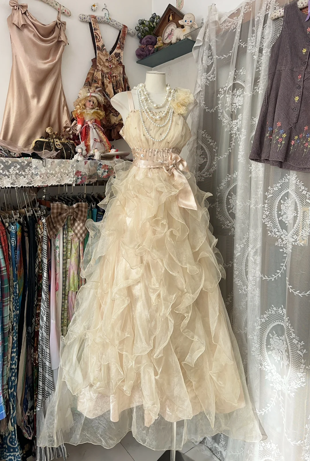 Champagne Straps A-Line Beading Organza Vintage Long Party Dress, D333