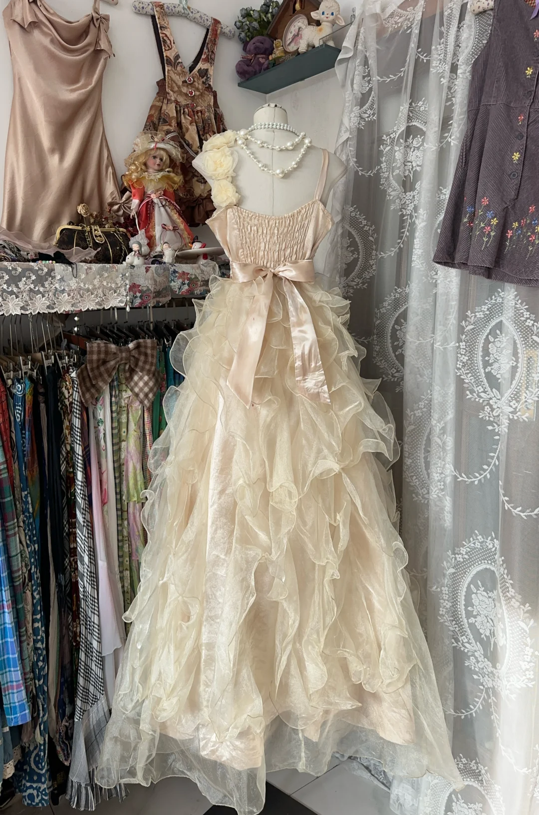 Champagne Straps A-Line Beading Organza Vintage Long Party Dress, D333
