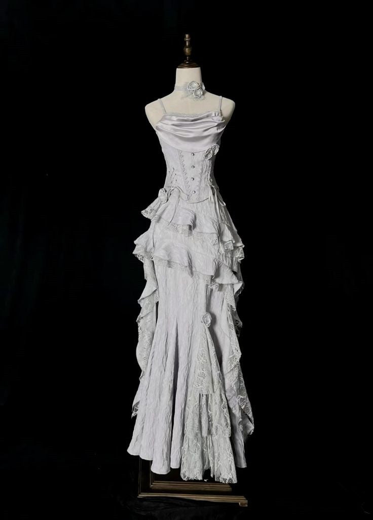 Grey Spaghetti Straps Mermaid Lace Vintage Long Party Dress Evening Dress, D343