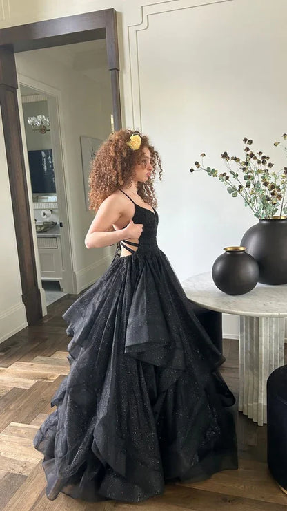 Black Straps A-Line Backless Shiny Long Party Dress Birthday Ball Gown, D346