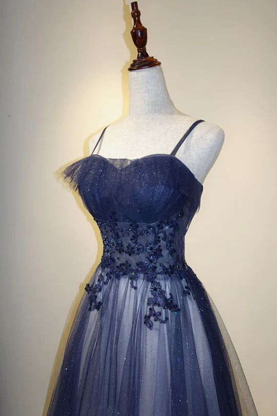 Navy Blue Spaghetti Strapsless A-Line Tulle Ombre Long Formal Prom Dress, D353