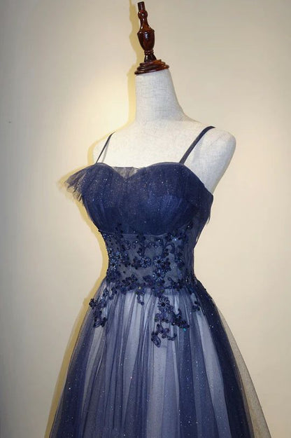 Navy Blue Spaghetti Strapsless A-Line Tulle Ombre Long Formal Prom Dress, D353