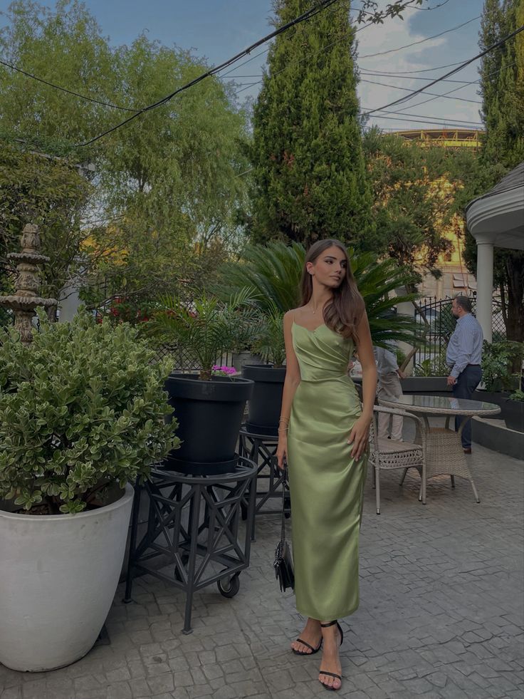 Green Spaghetti Straps Sheath Satin Long Party Dress Wedding Guest Dress, D354