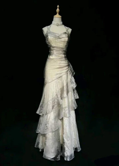 Champagne Straps Sheath Chiffon Vintage Long Prom Dress Evening Party Dress, D365
