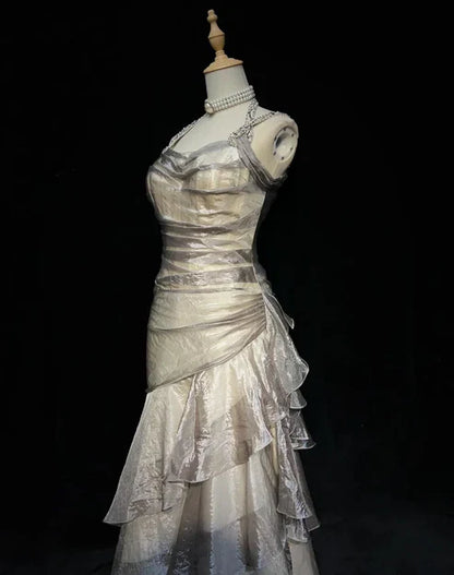 Champagne Straps Sheath Chiffon Vintage Long Prom Dress Evening Party Dress, D365