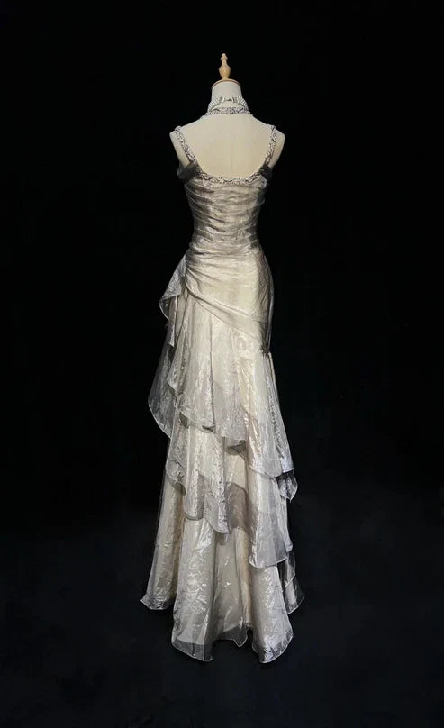 Champagne Straps Sheath Chiffon Vintage Long Prom Dress Evening Party Dress, D365