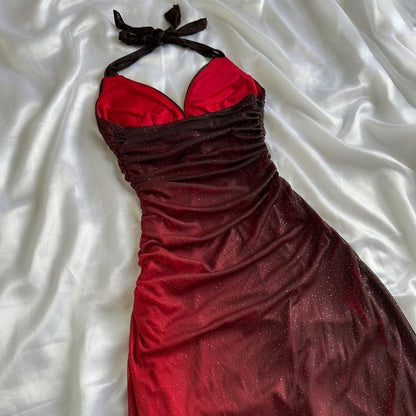 Burgundy Gradient Halter Sheath Chiffon Long Party Dress Vintage Evening Dress, D370