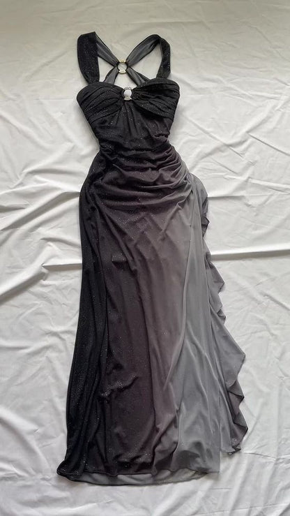 Grey Straps Ombre Ruffles Chiffon Long Party Dress Vintage Evening Gown, D379
