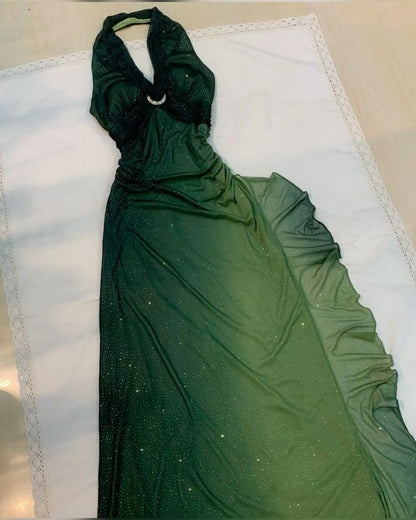 Green Halter Ombre Ruffles Chiffon Long Party Dress Vintage Evening Gown, D381