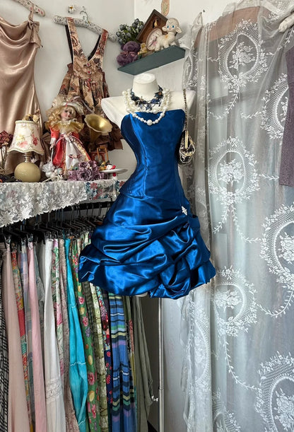 Vintage Blue A Line Strapless Pleated Satin Short Homecoming Dress Outfits SH5750