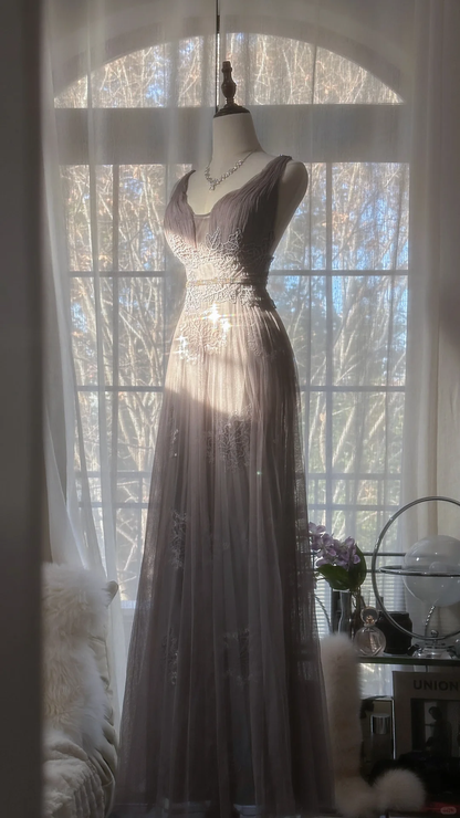 Vintage Light Purple Applique Design Romantic Chiffon Evening Dress Prom Dress D1511