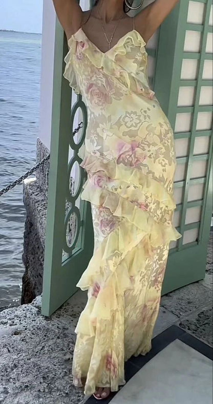 Yellow Straps Floral Printed Sheath Long Party Dress Wedding Guest Dress, D442