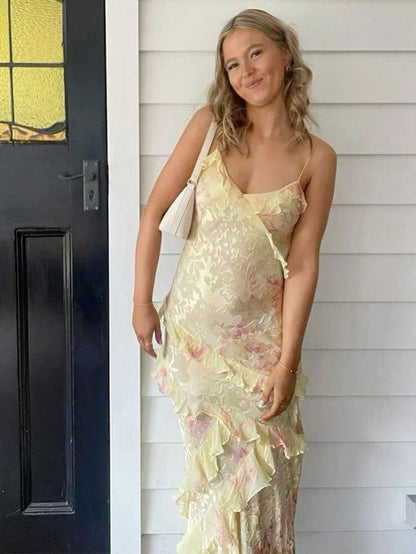 Yellow Straps Floral Printed Sheath Long Party Dress Wedding Guest Dress, D442