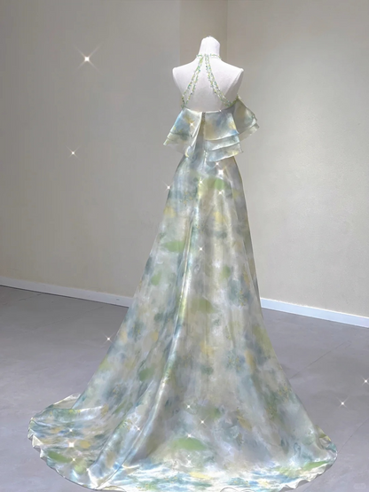 Fairy Green Halter Off Shoulder A-Line Elegant Long Party Dress Birthday Outfits, D456