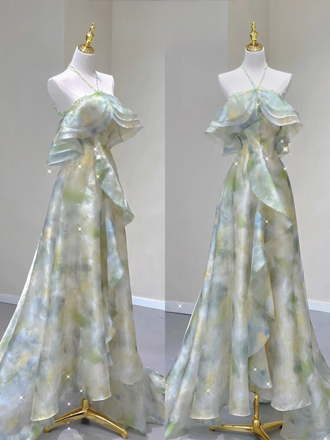 Fairy Green Halter Off Shoulder A-Line Elegant Long Party Dress Birthday Outfits, D456
