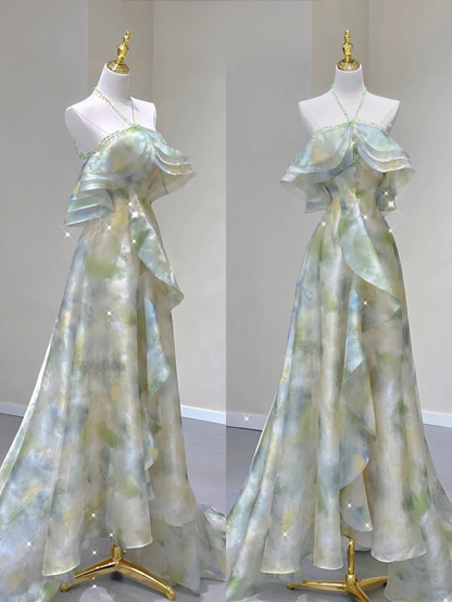Fairy Green Halter Off Shoulder A-Line Elegant Long Party Dress Birthday Outfits, D456