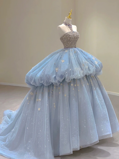 Blue Halter Strapless A-Line Sweet 16 Birthday Ball Gown Gorgeous Prom Dress, D458