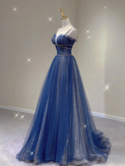 Navy Blue Spaghetti Straps A-Line Tulle Long Formal Prom Dress, D459
