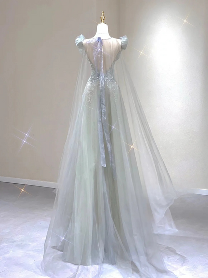 Light Blue A-Line Tulle Princess Birthday Outfits Long Formal Prom Dress, D461