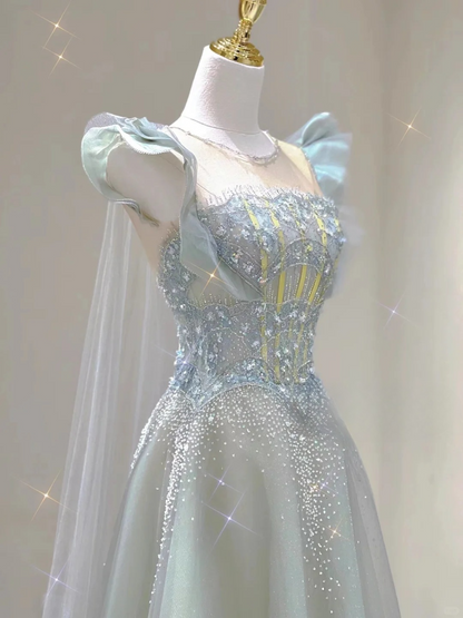 Light Blue A-Line Tulle Princess Birthday Outfits Long Formal Prom Dress, D461