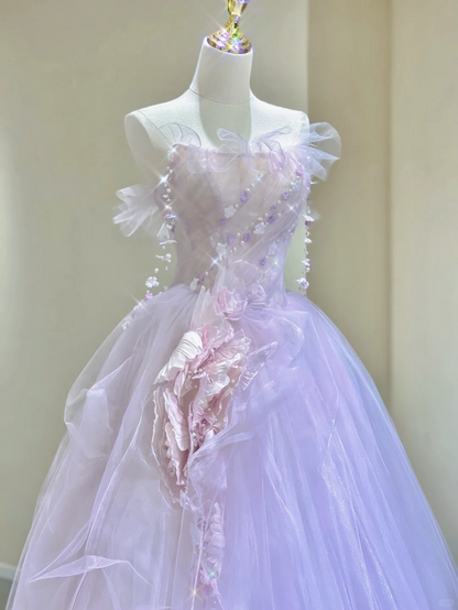 Lilac Strapless A-Line Tulle Beading Birthday Dress Formal Long Prom Gown, D463