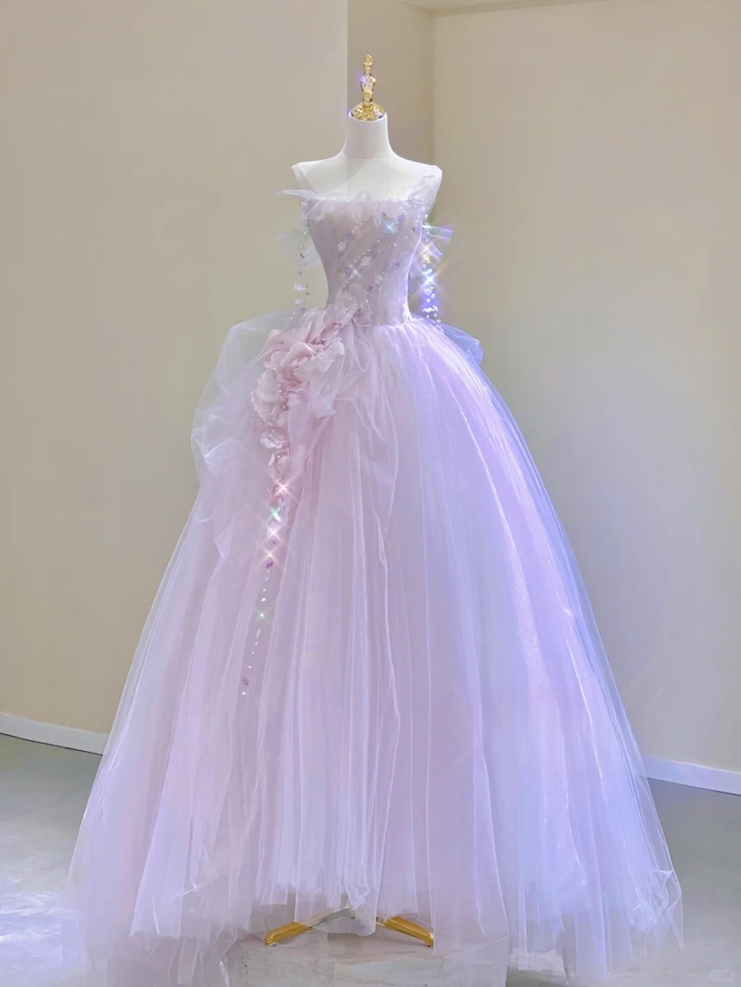 Lilac Strapless A-Line Tulle Beading Birthday Dress Formal Long Prom Gown, D463
