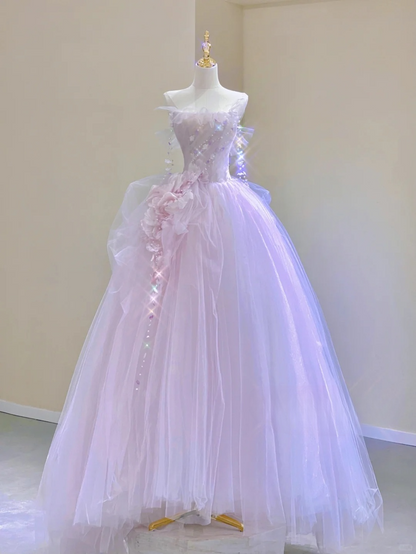 Lilac Strapless A-Line Tulle Beading Birthday Dress Formal Long Prom Gown, D463