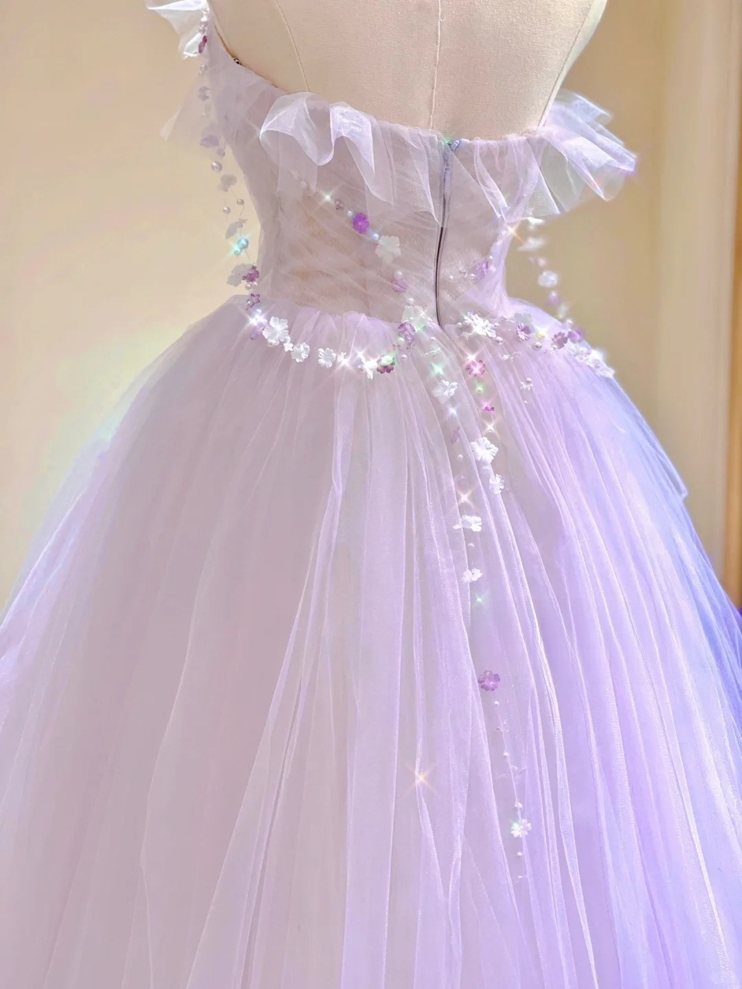 Lilac Strapless A-Line Tulle Beading Birthday Dress Formal Long Prom Gown, D463