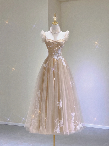 Champagne A-Line Tulle Appliques Birthday Dress Formal Long Prom Gown, D464