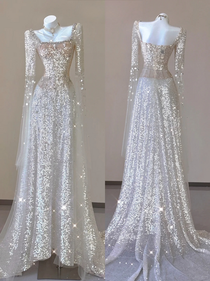 Champagne Long Sleeves A-Line Sequins Long Formal Prom Dress Evening Gown, D467